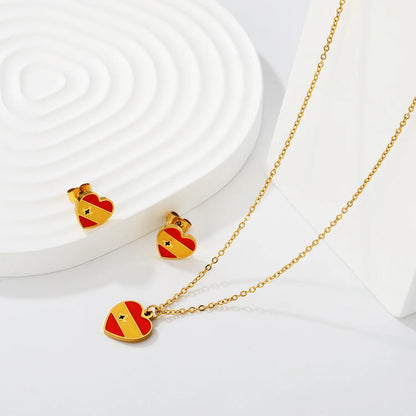 Heart Spain Flag Dripping Oil 18K Gold Plated Jewelry Set | Necklace & Stud Earrings MOQ 12 |