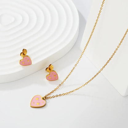 Sweet Pink Star Heart with Starburst Pattern Jewelry Set | Necklace & Stud Earrings | Wholesale MOQ 12