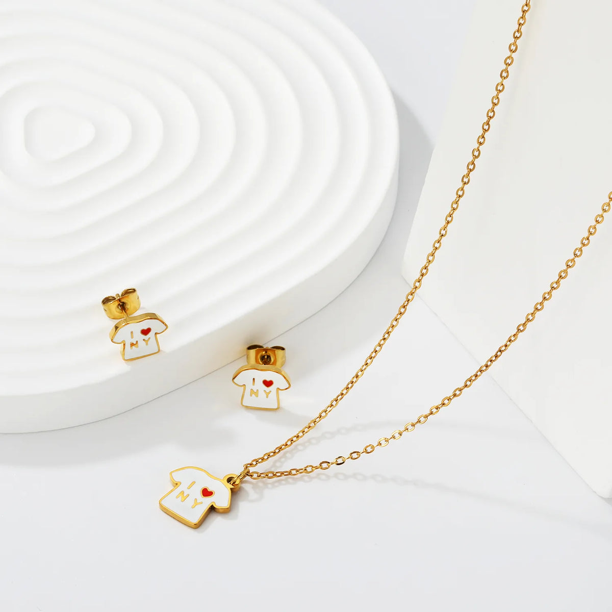 T Shirt Shape Dripping Oil Jewelry Set | Two Styles Option | 18K Gold Plated Necklace & Stud Earrings | MOQ 12