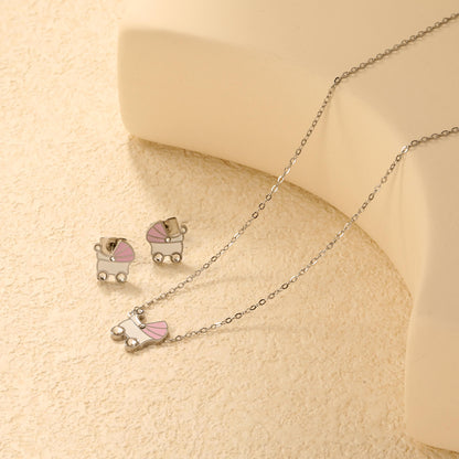 ✨10.5x12mm Pink & White Rocking Teardrop Set  Diamond Accents | Gold/Silver Stainless Steel Necklace & Earrings | 42+5cm | Wholesale