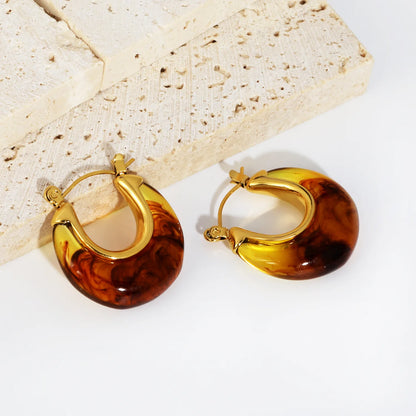 Tortoiseshell Resin U Shape Hoop Earrings | MOQ 12 | 18K Gold Plated Stainless Steel | Retro Earrings Wholesale MOQ 12