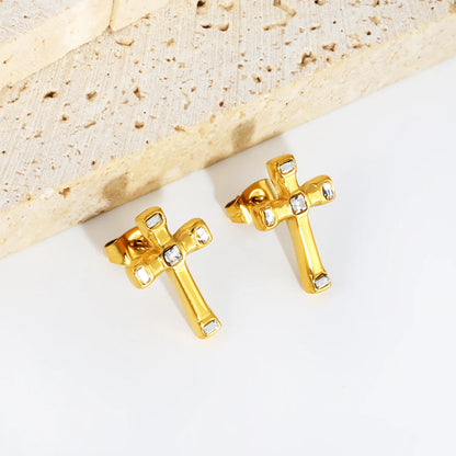 Wholesale Baguette CZ Cross Stud Earrings | 18K Gold Plated Stainless Steel | Religious Earrings for Bulk Order