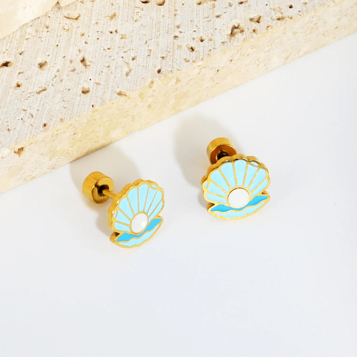 Summer Blue Seashell with Pearl Screw Back Stud Earrings | MOQ 12 | Bulk Order for Summer