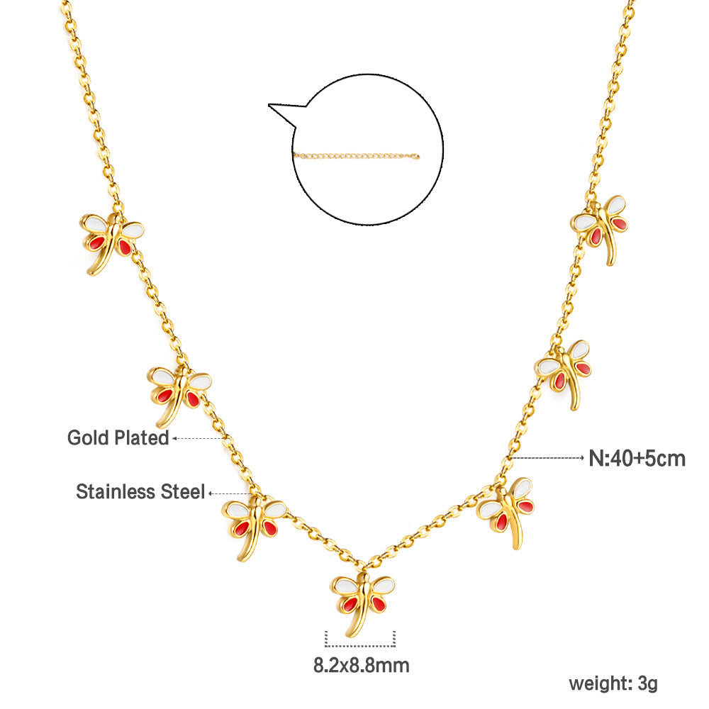 4 Different necklaces shell + cherry + crown + red dragonfly