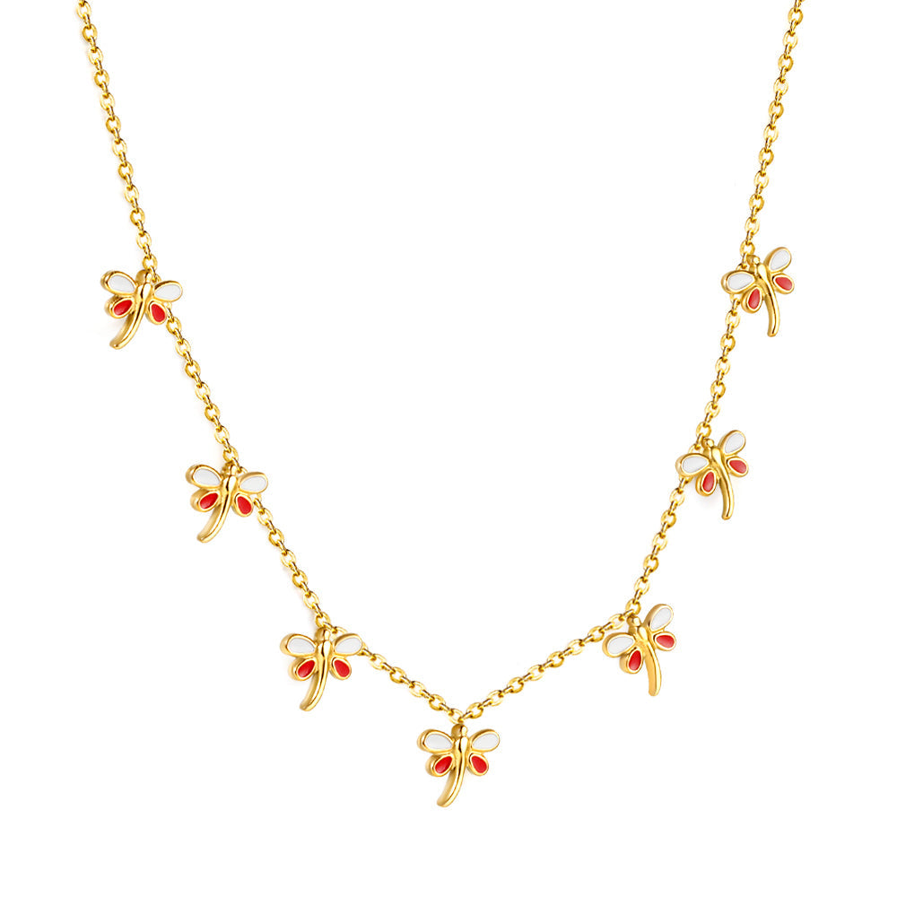 4 Different necklaces shell + cherry + crown + red dragonfly
