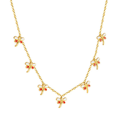 4 Different necklaces shell + cherry + crown + red dragonfly