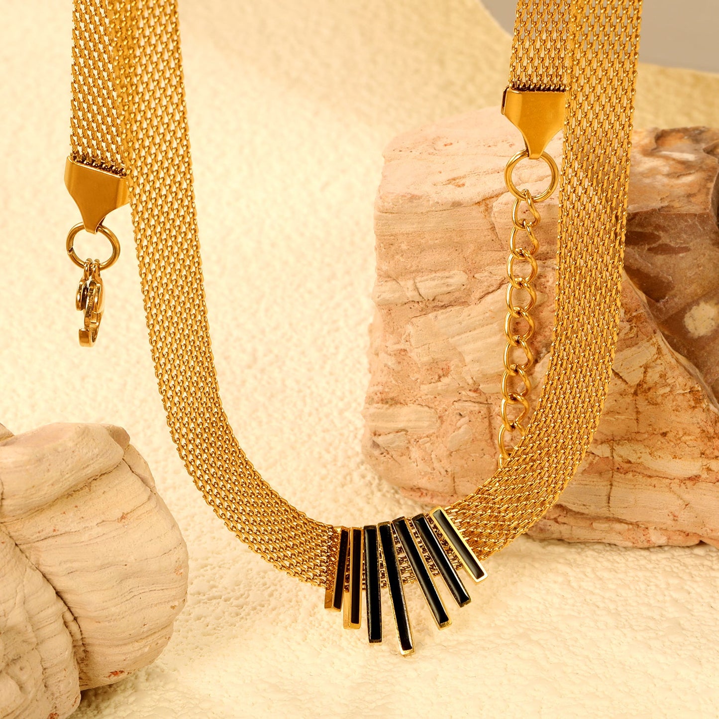 22*18mm black oil drop/golden long and short vertical bar accessories 8mm mesh chain necklace 40+5cm+6mm round plaque gold color