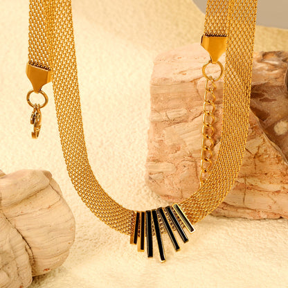 22*18mm black oil drop/golden long and short vertical bar accessories 8mm mesh chain necklace 40+5cm+6mm round plaque gold color