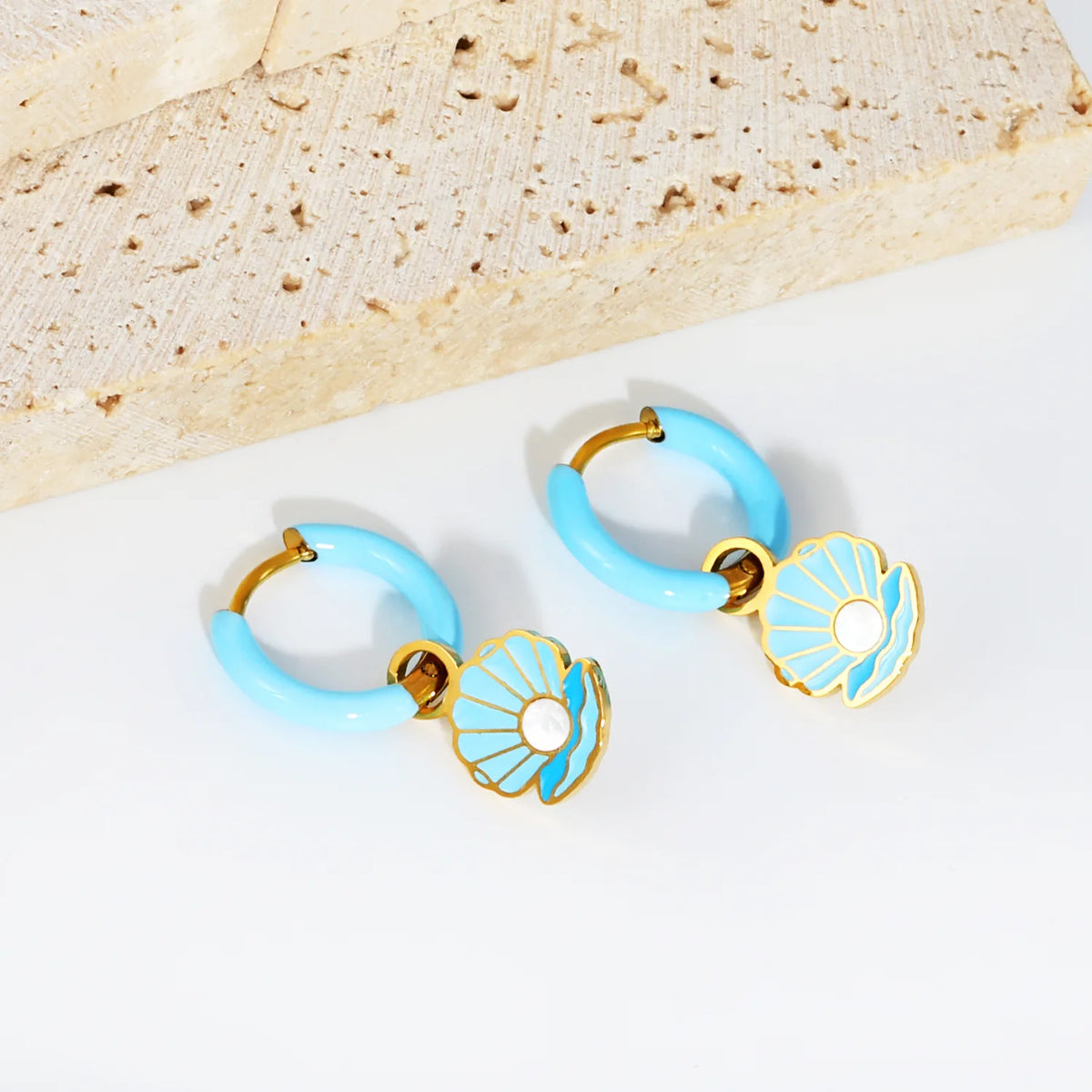 Blue Seashell Drop Huggie Hoop Earrings | MOQ 12 | Summer Beach Earrings Wholesale