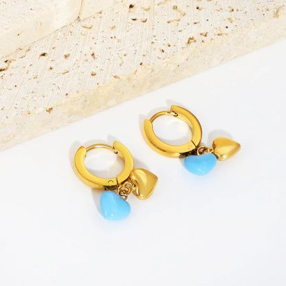 Colorful Heart Drop Huggie Hoop Earrings | MOQ 12 | 18K Gold Plated Stainless Steel Sweet Earrings Wholesale
