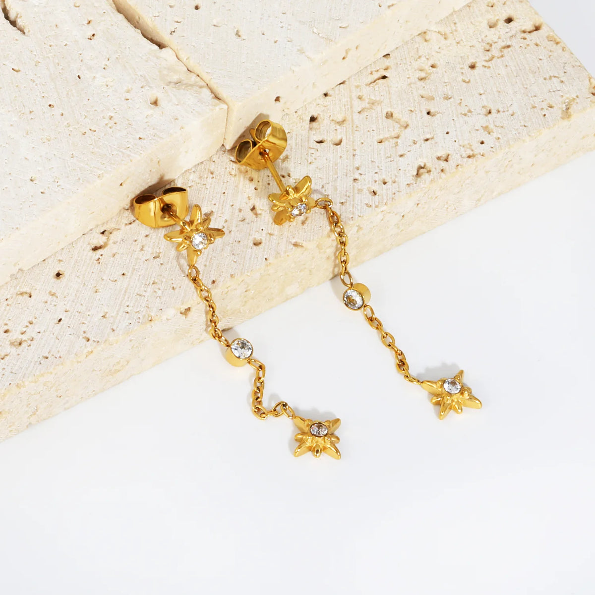 4 Styles Dainty CZ Long Chain Drop Stud Earrings | 18K Gold Plated Stainless Steel | Tassel Earrings Wholesale MOQ 12