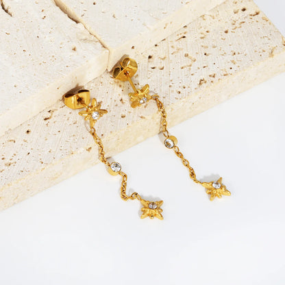 4 Styles Dainty CZ Long Chain Drop Stud Earrings | 18K Gold Plated Stainless Steel | Tassel Earrings Wholesale MOQ 12