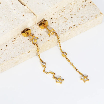 4 Styles Dainty CZ Long Chain Drop Stud Earrings | 18K Gold Plated Stainless Steel | Tassel Earrings Wholesale MOQ 12
