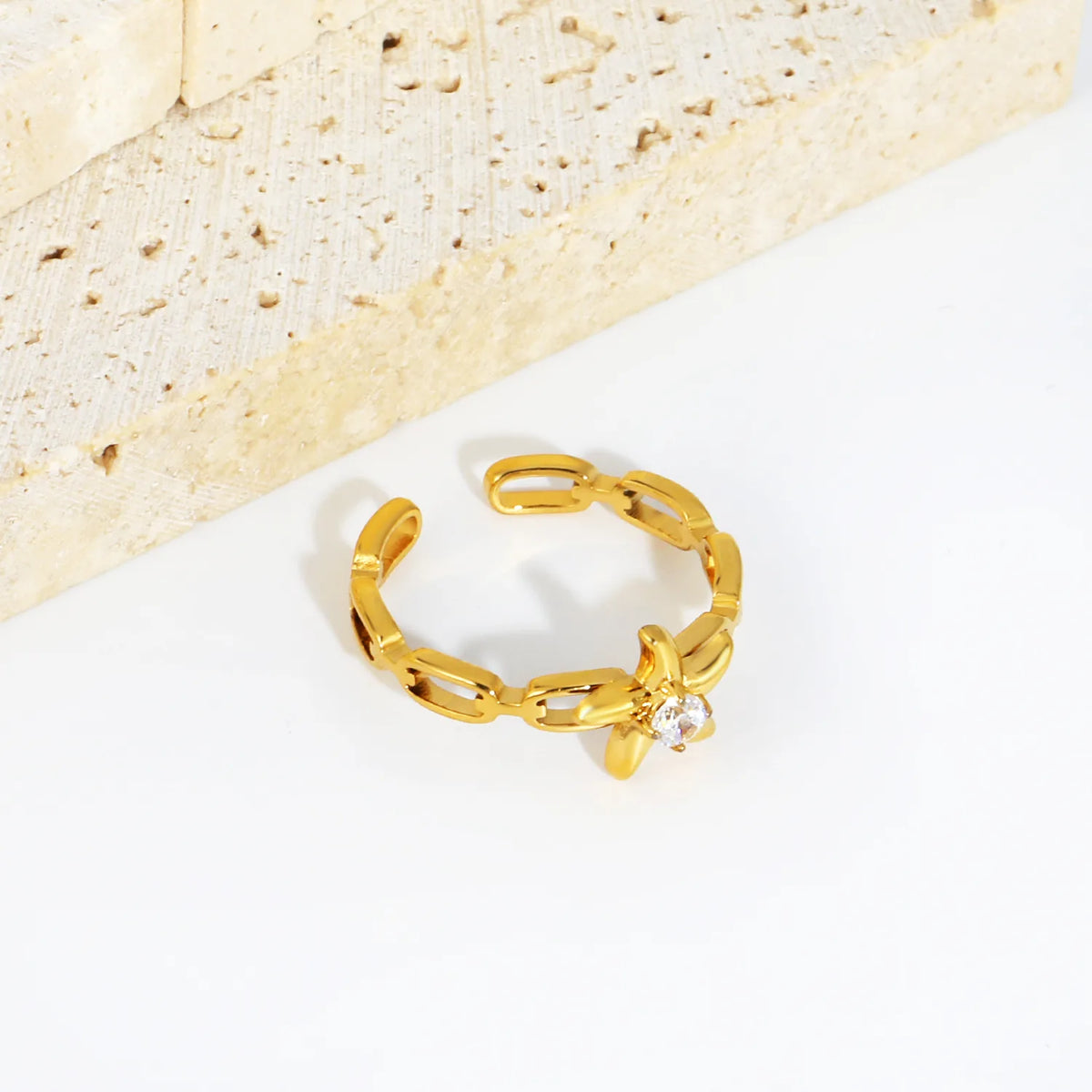 CZ Starfish Chain Open Cuff Ring | 18K Gold Plated Stainless Steel | Wholesale MOQ 12