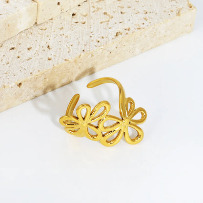 Double Hollow Flower Open Cuff Ring | Size 7 | 18K Gold Plated Stainless Steel Floral Statement Ring Wholesale
