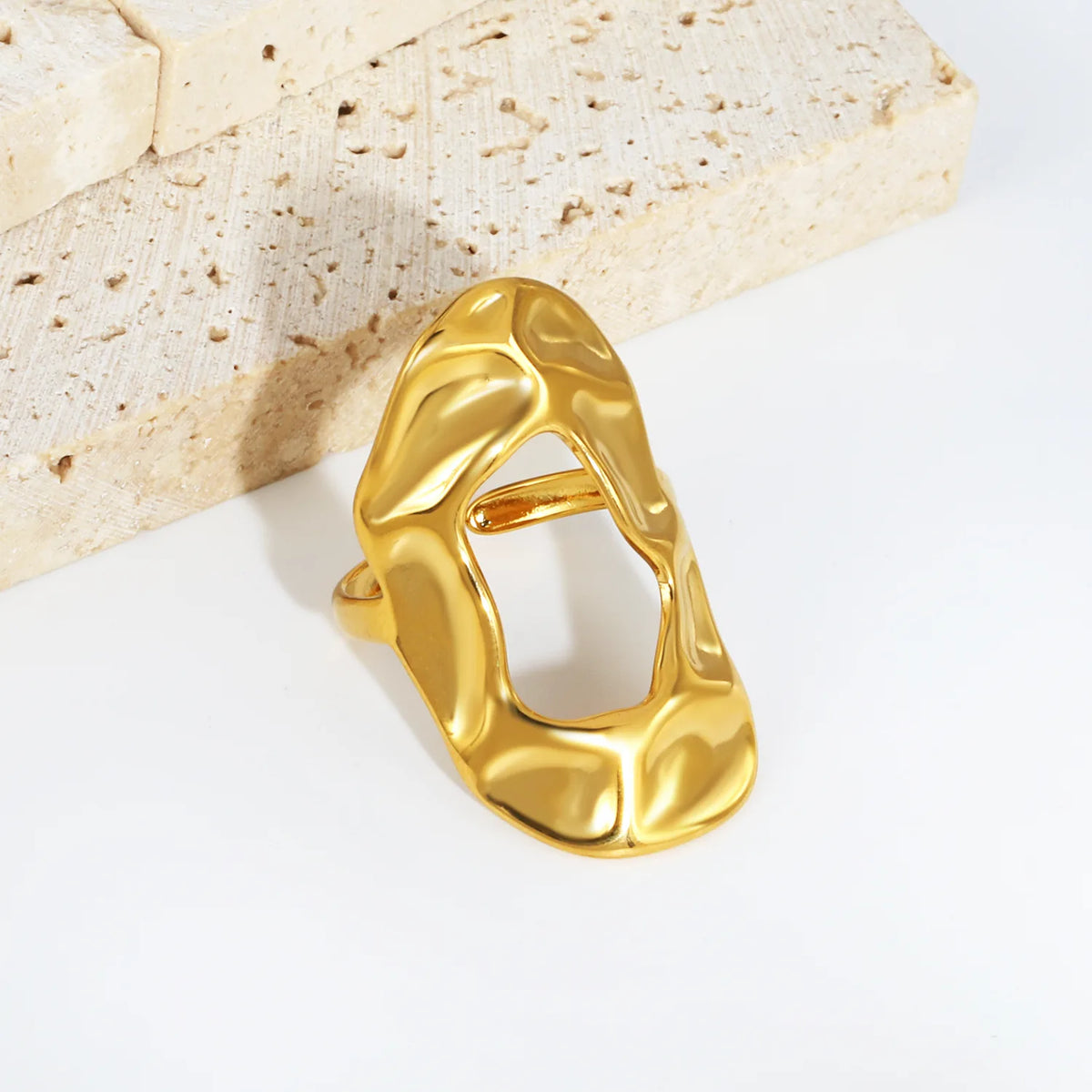 18K Gold Plated Stainless Steel Bold Irregular Hollow Molten Statement Ring | Wholesale MOQ 12