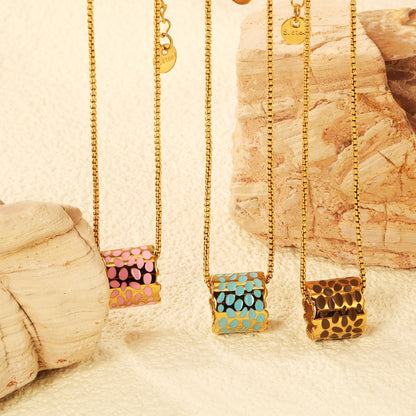 11*12mm hollow cylinder with light curry/pink/blue speckled oil drop pendant necklace 1.2 square pearl chain 40+5cm+6mm round piece gold color