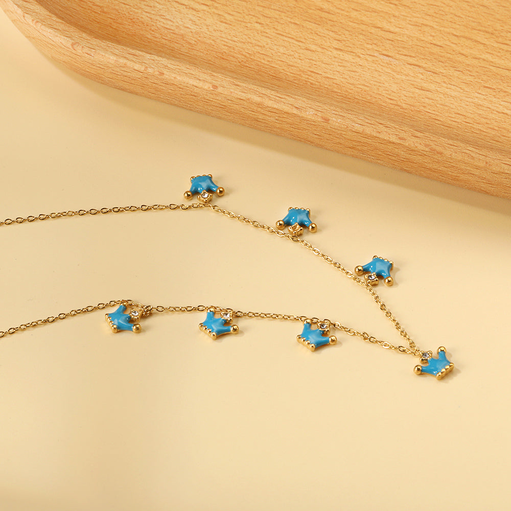 7 Blue Drops Oil Crown Pendant with Diamond Necklace 40+5cm
