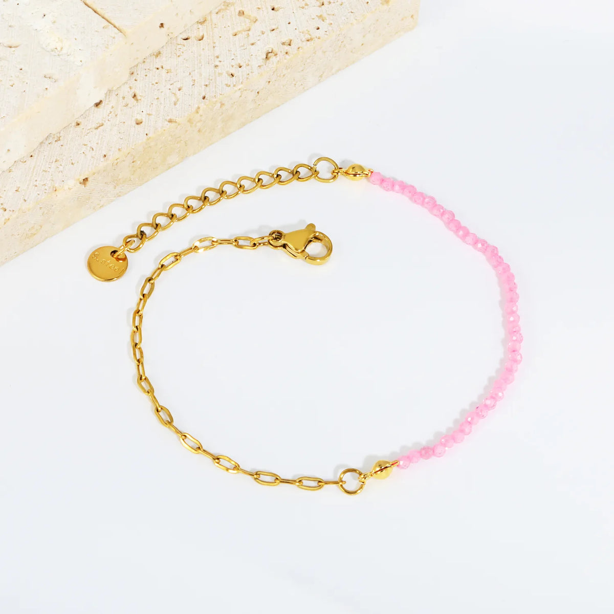 Wholesale Half Beaded Half Paperclip Bracelet | Pink & Purple | 18K Gold Plated Bead Wrist Chain MOQ 12