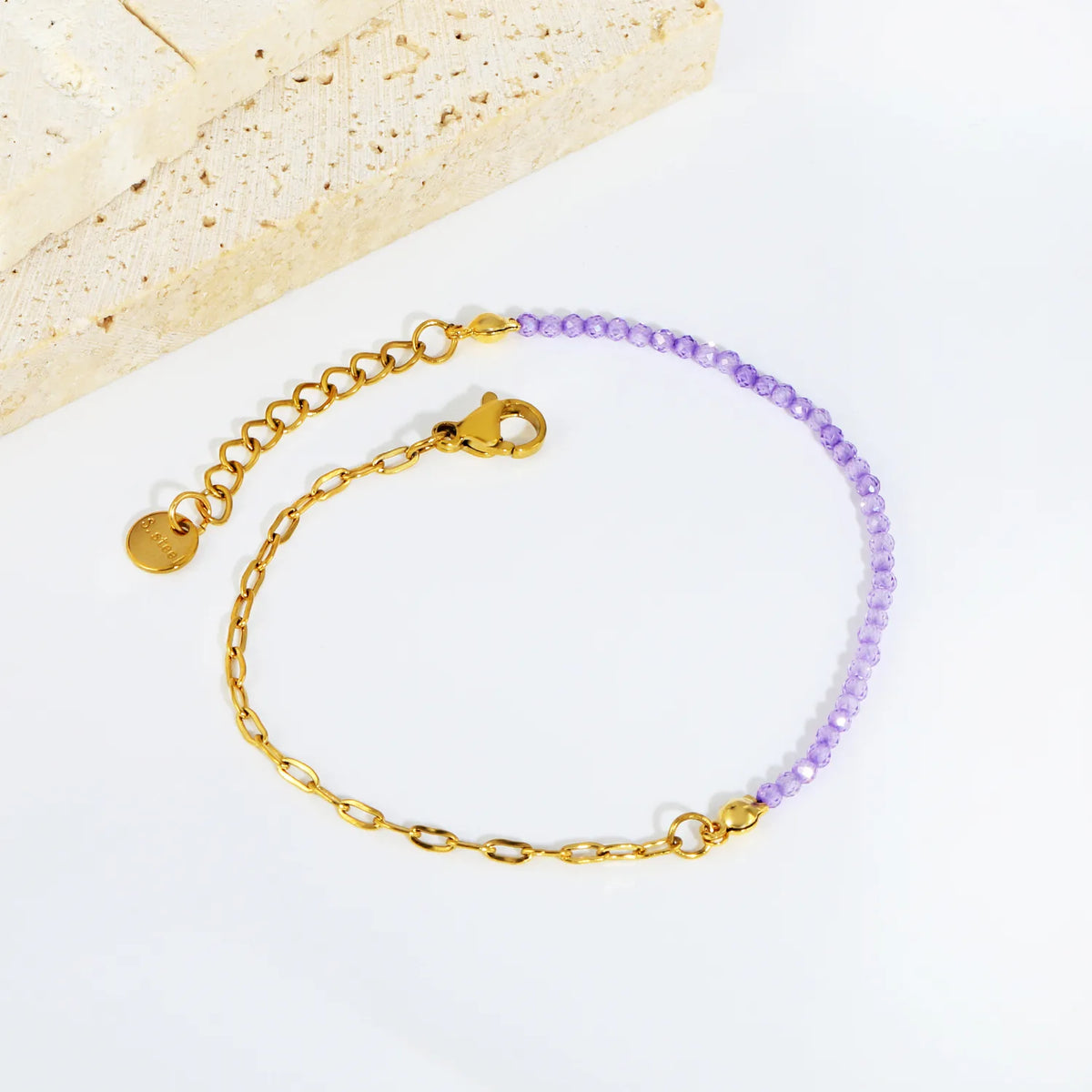 Wholesale Half Beaded Half Paperclip Bracelet | Pink & Purple | 18K Gold Plated Bead Wrist Chain MOQ 12
