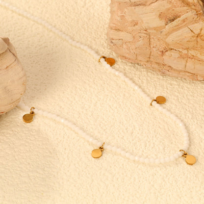 4*5.7mm round accessories +2mm white/mineral black beads necklace 40+5cm+6mm round plate Gold color