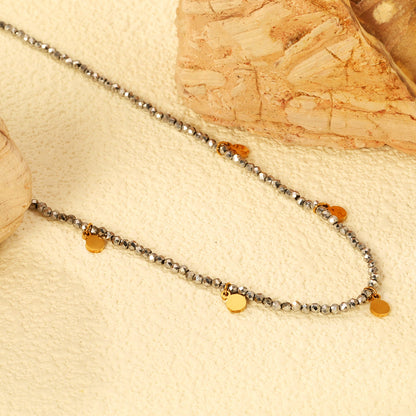 4*5.7mm round accessories +2mm white/mineral black beads necklace 40+5cm+6mm round plate Gold color