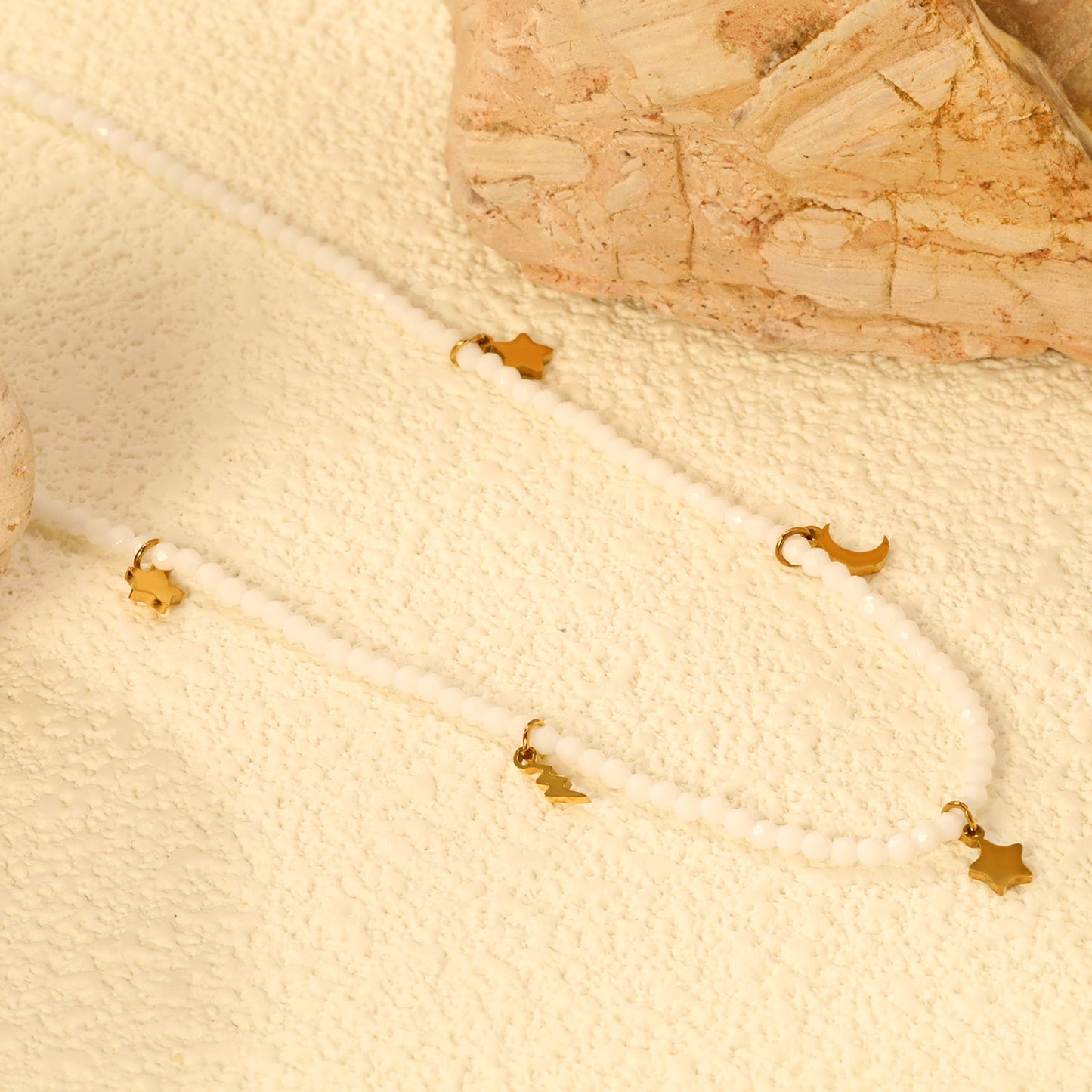2*6.8mm Lightning + 4*6.5mm Moon + 4.3*6mm Pentagram Accessories + 2mm White/Mineral Black Beads Necklace 40+5cm+6mm Round Plaque Gold Color