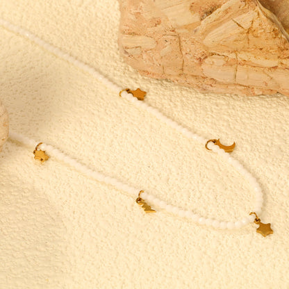 2*6.8mm Lightning + 4*6.5mm Moon + 4.3*6mm Pentagram Accessories + 2mm White/Mineral Black Beads Necklace 40+5cm+6mm Round Plaque Gold Color