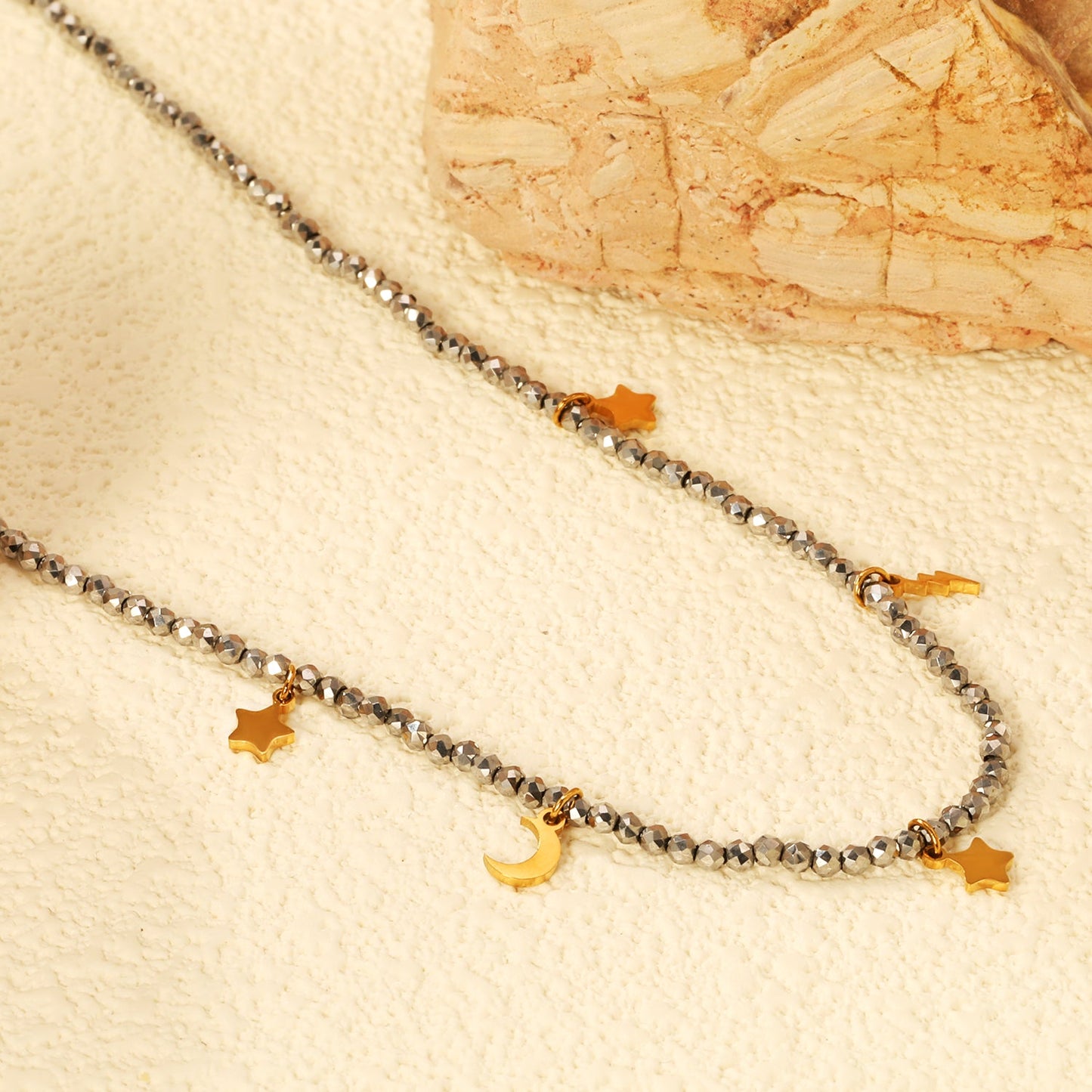 2*6.8mm Lightning + 4*6.5mm Moon + 4.3*6mm Pentagram Accessories + 2mm White/Mineral Black Beads Necklace 40+5cm+6mm Round Plaque Gold Color