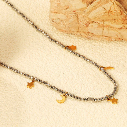 2*6.8mm Lightning + 4*6.5mm Moon + 4.3*6mm Pentagram Accessories + 2mm White/Mineral Black Beads Necklace 40+5cm+6mm Round Plaque Gold Color