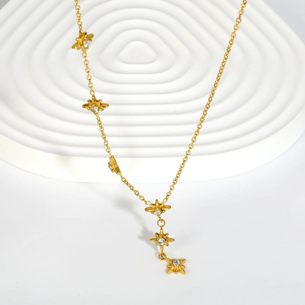 North Star CZ Station Rolo Chain Necklace | 18K Gold Plated | Multi Star Charms Design