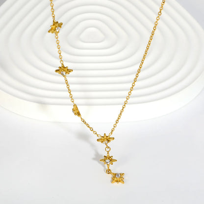 North Star CZ Station Rolo Chain Necklace | 18K Gold Plated | Multi Star Charms Design