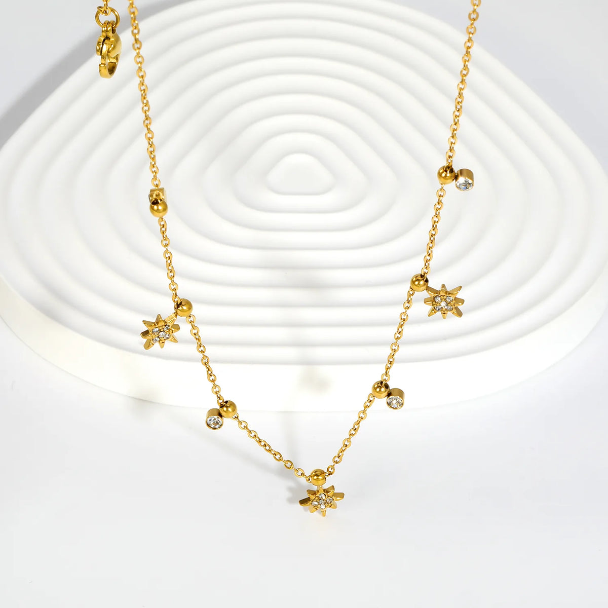 18K Gold Plated Star & Round CZ Mixed Charms Design Chain Necklace | 18K Gold Plated | MOQ 12