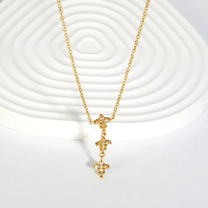 Vertical Cross Paved CZ Pendant Rolo Chain Necklace | Dainty Drop Cross Design | Wholesale MOQ 12