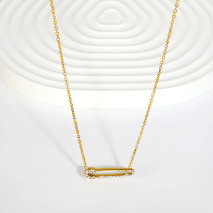 Paved CZ Safety Pin Charm Rolo Chain  Statement Necklace | 18K Gold Plated |  MOQ 12