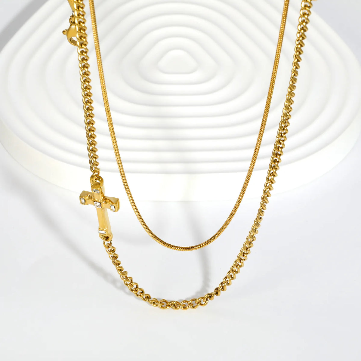 Double Layer Cross Curb & Snake Chain Necklace with Baguette Crystal Cross Pendant
