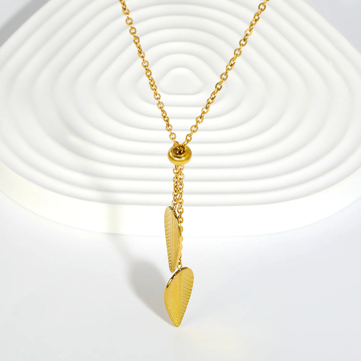 Double Textured Feather Leaf Pendant Adjustable Y Necklace | 18K Gold Plated Stainless Steel | WholesaleMOQ 12