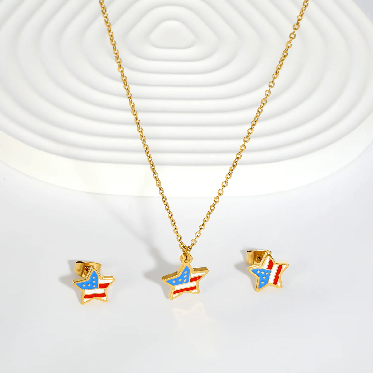 Star USA Flag Dripping Oil Jewelry Set | 18K Gold Plated | Necklace & Stud Earrings | Wholesale MOQ 12