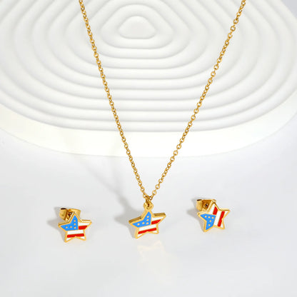 Star USA Flag Dripping Oil Jewelry Set | 18K Gold Plated | Necklace & Stud Earrings | Wholesale MOQ 12