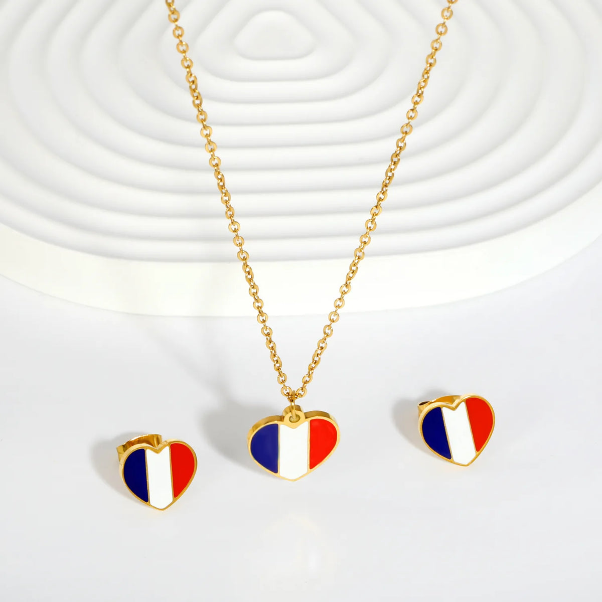 18K Gold Plated Heart France Flag Oil Dripping Jewelry Set | Necklace & Stud Earrings | National Flag Souvenir Jewelry MOQ 12
