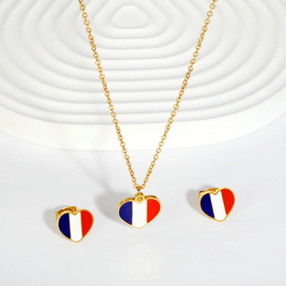 18K Gold Plated Heart France Flag Oil Dripping Jewelry Set | Necklace & Stud Earrings | National Flag Souvenir Jewelry MOQ 12