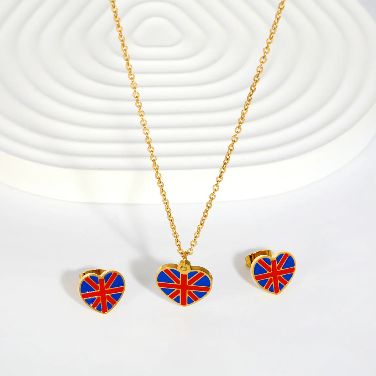 Wholesale UK Union Jack Flag Heart Dripping Oil Necklace Earring Set | 18K Gold Plated | MOQ 12