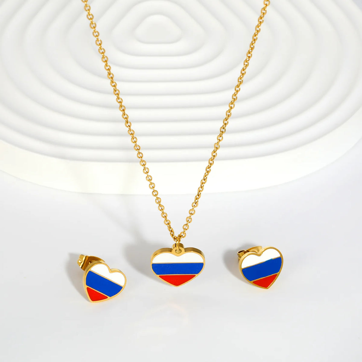 18K Gold Plated National Flag Souvenir Jewelry Set | Heart Russia Flag | Necklace & Stud Earrings | Wholesale MOQ 12