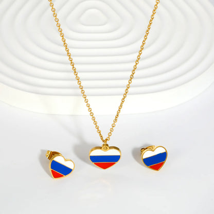 18K Gold Plated National Flag Souvenir Jewelry Set | Heart Russia Flag | Necklace & Stud Earrings | Wholesale MOQ 12