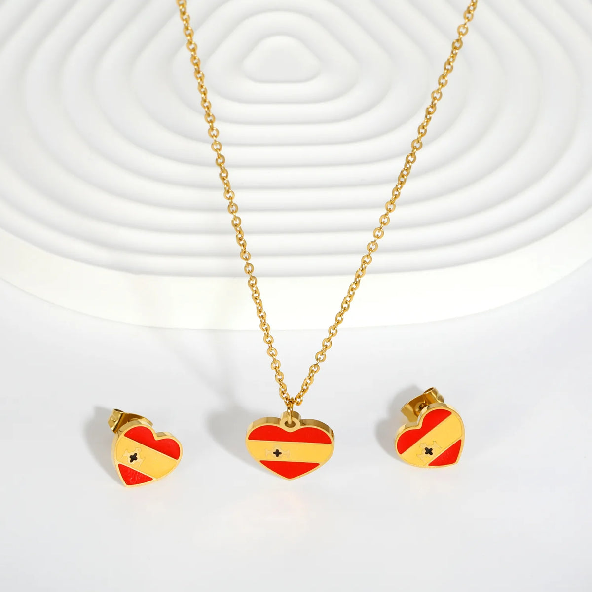 Heart Spain Flag Dripping Oil 18K Gold Plated Jewelry Set | Necklace & Stud Earrings MOQ 12 |