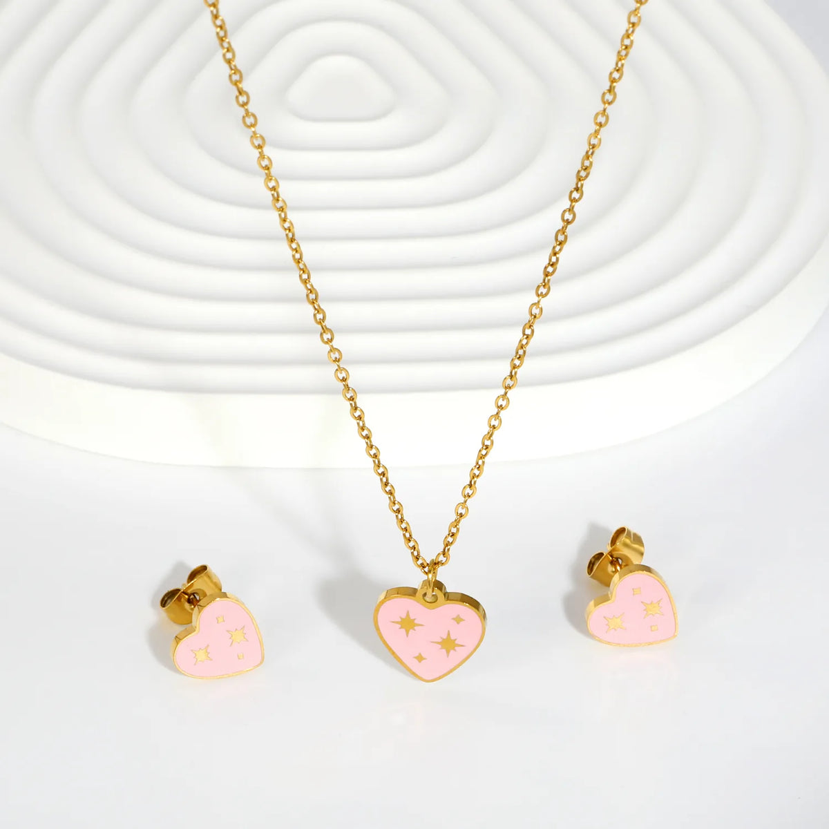 Sweet Pink Star Heart with Starburst Pattern Jewelry Set | Necklace & Stud Earrings | Wholesale MOQ 12