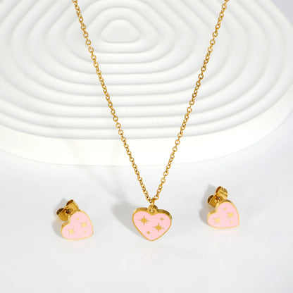 Sweet Pink Star Heart with Starburst Pattern Jewelry Set | Necklace & Stud Earrings | Wholesale MOQ 12