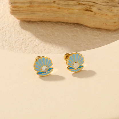 Summer Blue Seashell with Pearl Screw Back Stud Earrings | MOQ 12 | Bulk Order for Summer