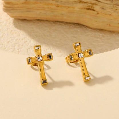 Wholesale Baguette CZ Cross Stud Earrings | 18K Gold Plated Stainless Steel | Religious Earrings for Bulk Order