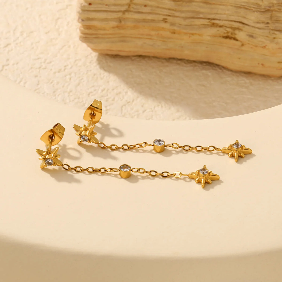 4 Styles Dainty CZ Long Chain Drop Stud Earrings | 18K Gold Plated Stainless Steel | Tassel Earrings Wholesale MOQ 12